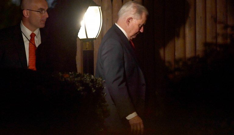 Jeff Sessions returns to his home in Washington, Wednesday, Nov. 7, 2018. 