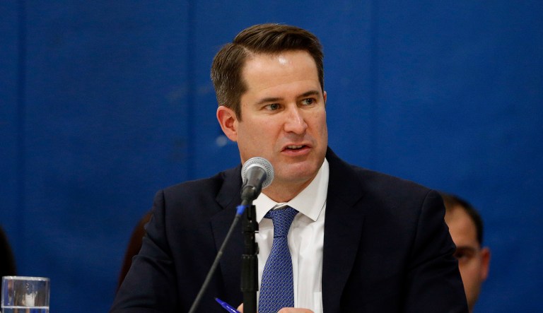 U.S. Rep. Seth Moulton questions gas executives during a hearing on gas pipeline safety in the Merrimack Valley Monday, Nov. 26, 2018, in Lawrence, Mass.