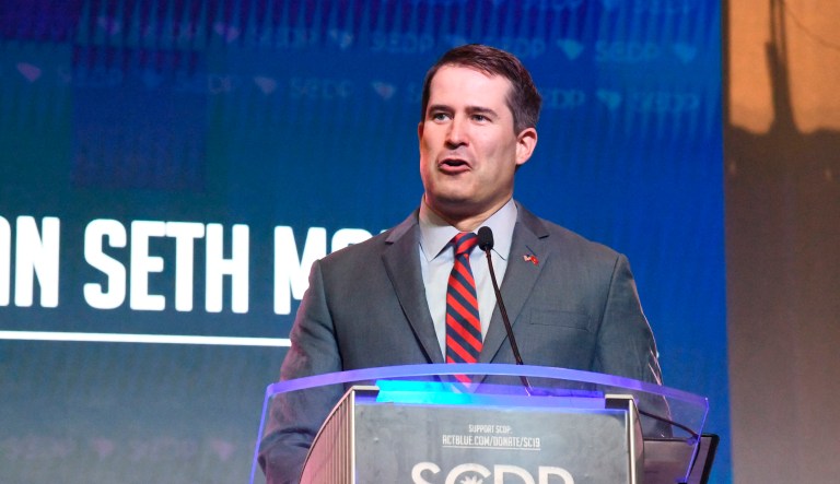 Massachusetts Congressman Seth Moulton addresses the South Carolina Democratic Party convention, Saturday, June 22, 2019 in Columbia, S.C.