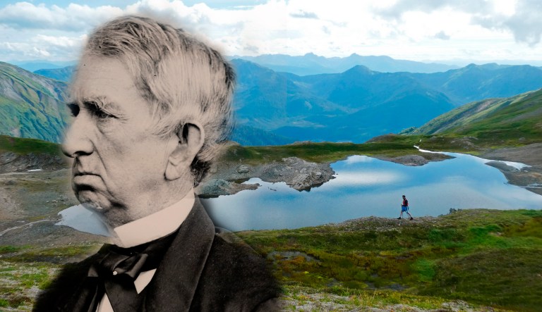 A picture of William Seward, who was crucial in the U.S.' efforts to buy Alaska from Russia, is overlaid on top of a scene of an alpine pond on the Juneau ridge in Juneau, Alaska. 