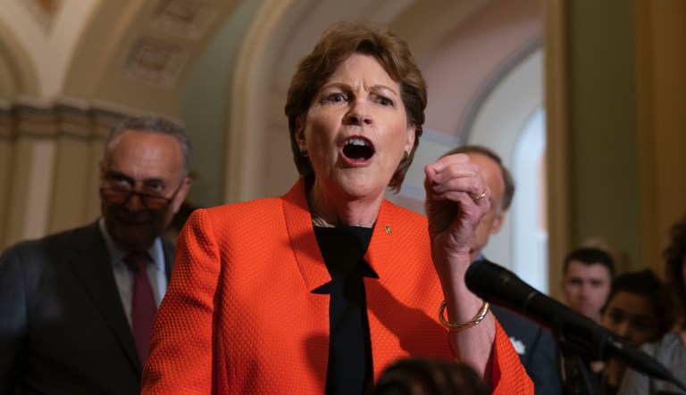 Sen. Jeanne Shaheen, D-N.H., joins Senate Minority Leader Chuck Schumer, D-N.Y., left, to speak on climate change during a news conference at the Capitol in Washington, Tuesday, July 16, 2019.