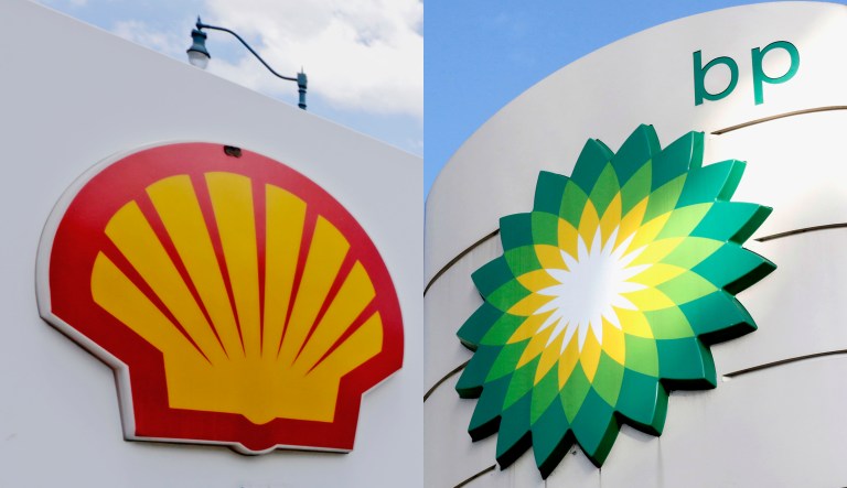 The logos of Shell (left) and BP (right) are seen.
