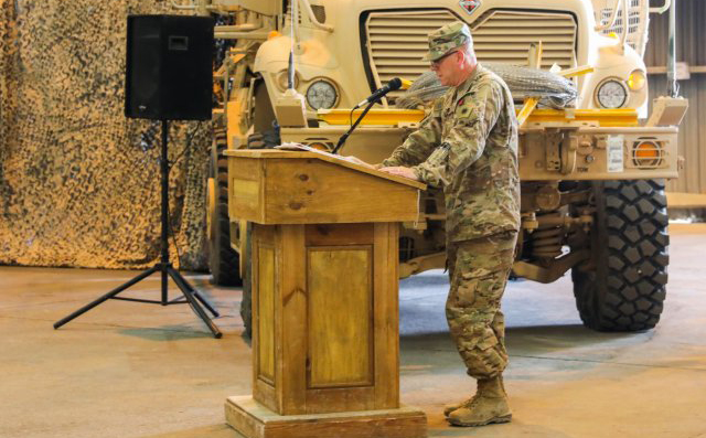 U.S. Army Brig. Gen. Jeffrey Smiley, incoming commander for Train, Advise, and Assist Command-South, addresses the audience, June 30, 2018, during a Transfer of Authority ceremony in Kandahar, Afghanistan. Smiley, assigned to the 40th Infantry Division, California National Guard, assumed command of TAAC-South from U.S. Army Brig. Gen. John Lathrop, outgoing commander.