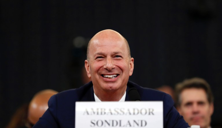 U.S. Ambassador to the European Union Gordon Sondland testifies before the House Intelligence Committee on Capitol Hill in Washington, Wednesday, Nov. 20, 2019, during a public impeachment hearing of President Donald Trump's efforts to tie U.S. aid for Ukraine to investigations of his political opponents.