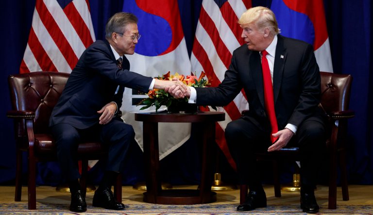 President Trump shakes hands with South Korean President Moon Jae-in at the Lotte New York Palace hotel during the United Nations General Assembly, Monday, Sept. 24, 2018, in New York. 