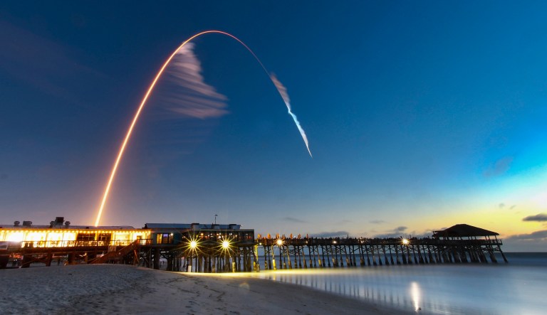 Launch of a United Launch Alliance Atlas V 
Rocket  carrying the Boeing CST-100 Starliner on its Orbital Flight Test, launched from Launch Complex 41 at CCAFS at 6:36 a.m. Friday morning. A four minute time exposure of the launch with the Cocoa Beach Pier in the foreground. 