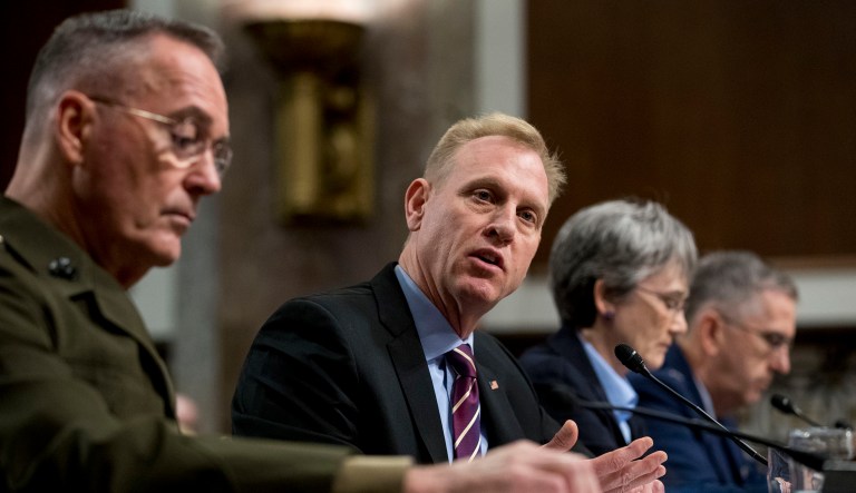 Acting Defense Secretary Patrick Shanahan, second from left, accompanied by Joint Chiefs Chairman Gen. Joseph Dunford, left, Secretary of the Air Force Heather Wilson, second from right, and U.S. Strategic Command Commander Gen. John Hyten, right, speaks during a Senate Armed Services Committee hearing on Capitol Hill in Washington , Thursday, April 11, 2019, on the proposed Space Force.
