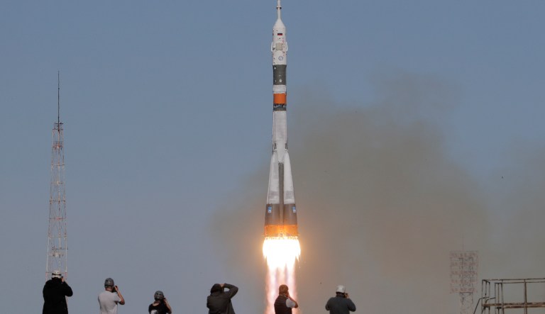 The Soyuz-FG rocket booster with Soyuz MS-10 space ship carrying a new crew to the International Space Station, ISS, blasts off at the Russian leased Baikonur cosmodrome, Kazakhstan, Thursday, Oct. 11, 2018. The Russian rocket carries U.S. astronaut Nick Hague and Russian cosmonaut Alexey Ovchinin. Two astronauts from the U.S. and Russia are making an emergency landing after a Russian booster rocket carrying them into orbit to the International Space Station has failed after launch.