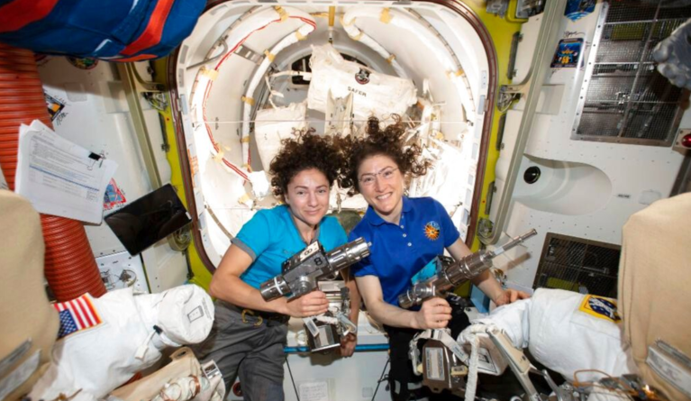 Female astronauts Jessica Meir and Christina Koch conducted the first all-female spacewalk on Friday. (NASA)