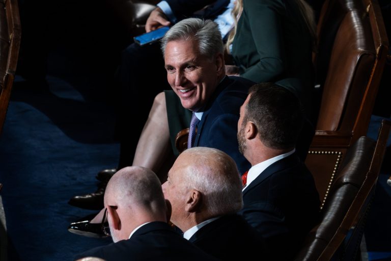 Former House Speaker Kevin McCarthy laughs following a second round of voting where Rep. Jim Jordan (R-OH) failed to secure enough votes to become House speaker, on Wednesday, Oct. 18, 2023, on Capitol Hill.
