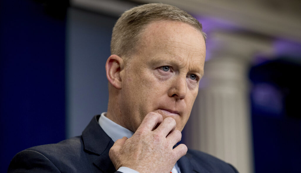 White House press secretary Sean Spicer pauses while talking to the media during the daily press briefing at the White House in Washington, Tuesday, April 11, 2017. Spicer discussed Syria, Trump's 2016 tax returns, the Easter Egg Roll and other topics.