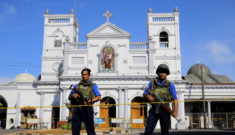 Sri Lankan Navy soldiers stand guard in front of the St. Anthony's Shrine a day after the series of blasts, in Colombo, Sri Lanka, Monday, April 22, 2019. Easter Sunday bombings of churches, luxury hotels and other sites that killed hundreds of people was Sri Lanka's deadliest violence since a devastating civil war in the South Asian island nation ended a decade ago.