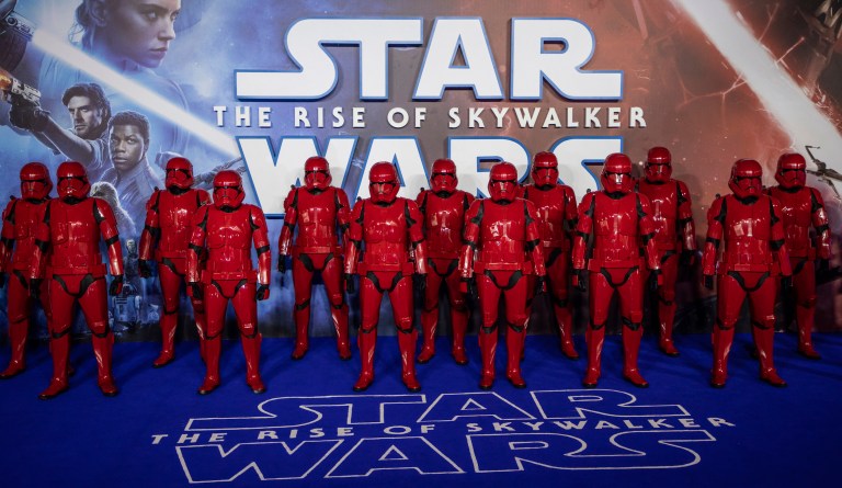 Stormtroopers pose for photographers upon arrival at the premiere for the film 'Star Wars: The Rise of Skywalker', in central London, Wednesday, Dec. 18, 2019. 