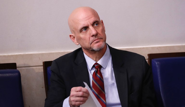 Stephen Hahn, commissioner of the U.S. Food and Drug Administration, listens as President Donald Trump speaks about the coronavirus in the James Brady Press Briefing Room of the White House, Tuesday, April 21, 2020, in Washington. 