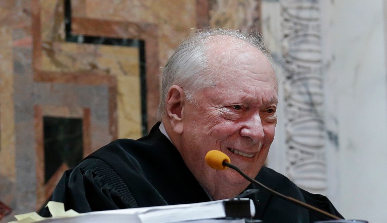 FILE - In this Sept. 8, 2014, file pool photo, Judge Stephen Reinhardt listens to arguments on gayÂ marriage bans at the 9th U.S. Circuit Court of Appeals in San Francisco. Judge Reinhardt, a liberal stalwart on the U.S. 9th Circuit Court of Appeals, has died in Los Angeles. He was 87. Court spokesman David Madden says Reinhardt died Thursday, March 29, 2018, of a heart attack during a visit to a dermatologist. 9th Circuit Chief Judge Sidney Thomas called Reinhardt a deeply principled jurist who will be remembered as one of the giants of the federal bench.