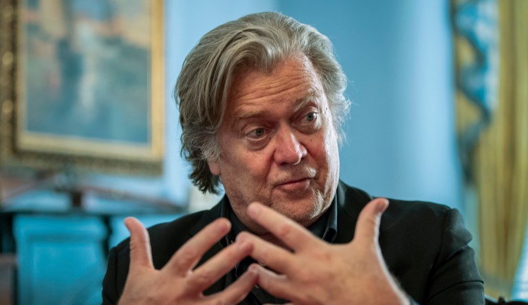 Steve Bannon, President Donald Trump's former chief strategist, talks about the approaching midterm election during an interview with The Associated Press, Sunday, Aug. 19, 2018, in Washington.