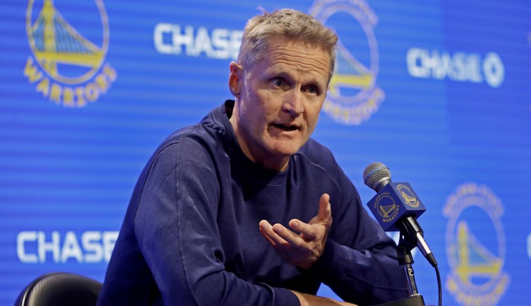 Golden State Warriors coach Steve Kerr gestures while speaking during a media conference prior to an NBA basketball game against the Minnesota Timberwolves on Thursday, Oct. 10, 2019, in San Francisco.
