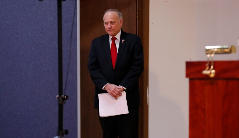 U.S. Rep. Steve King, R-Iowa, looks on as he is introduced to speak at a town hall meeting, Saturday, Jan. 26, 2019, in Primghar, Iowa.