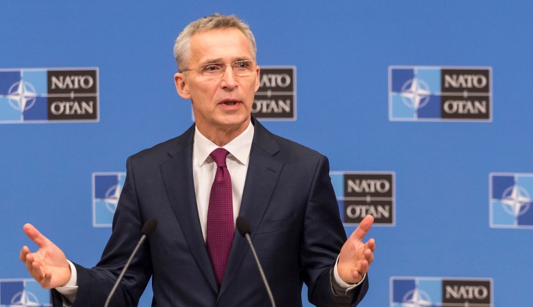 NATO Secretary General Jens Stoltenberg presents the annual report for 2018 during a media conference at NATO headquarters in Brussels, Thursday, March 14, 2019.