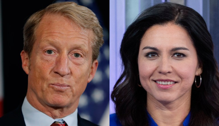 Pictured are Tom Steyer, left, and Tulsi Gabbard, right.