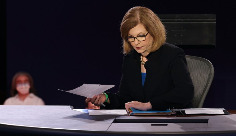 Moderator USA Today Washington Bureau Chief Susan Page prepares for the vice presidential debate between Democratic vice presidential candidate Sen. Kamala Harris, D-Calif., and Vice President Mike Pence at the University of Utah Wednesday, Oct. 7, 2020, in Salt Lake City.