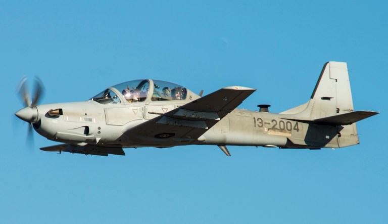A U.S. Super Tucano flies over Moody Air Force Base as part of a training program for Afghan pilots.