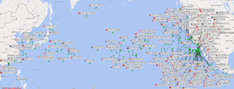 This map shows 164 ships that are en route to Los Angeles and Oakland ports. The majority are headed to Los Angeles.