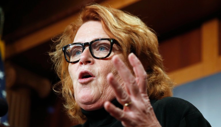 In this March 14, 2017, file photo, Sen. Heidi Heitkamp, D-N.D., speaks during a news conference on Capitol Hill in Washington.