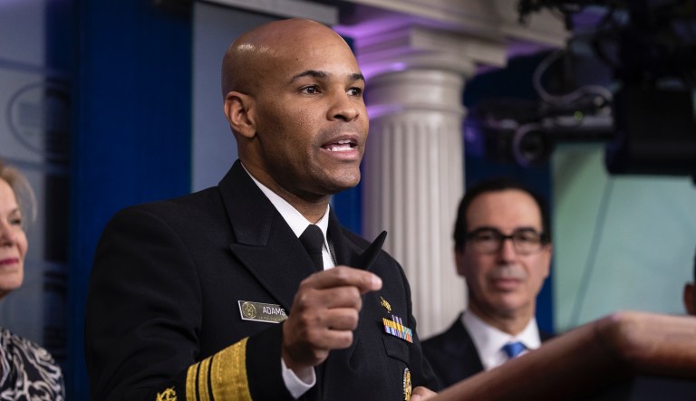 U.S. Surgeon General Jerome Adams speaks during a news conference about the coronavirus in the James Brady Briefing Room at the White House, Saturday, March 14, 2020, in Washington.                                 