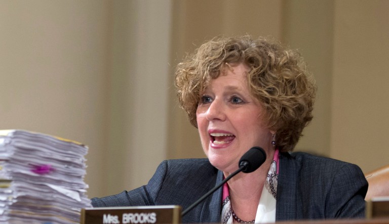 House Benghazi Committee member Rep. Susan Brooks, R-Ind., presents copies of a collection of emails suggesting that the Obama administration and former Secretary of State Hillary Rodham Clinton lost interest in Libya in the months before to deadly attacks in Benghazi in September 2012, Thursday, Oct. 22, 2015, during the committee's hearing on Capitol Hill in Washington.