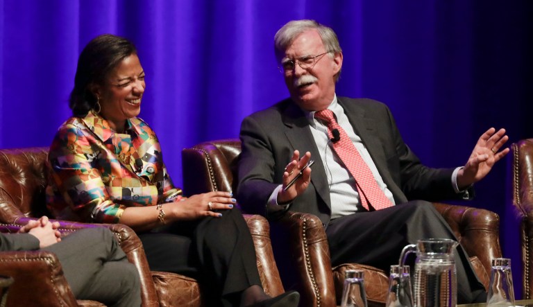 Former national security advisers Susan Rice, left, and John Bolton take part in a discussion on national security at Vanderbilt University Wednesday, Feb. 19, 2020, in Nashville, Tenn.