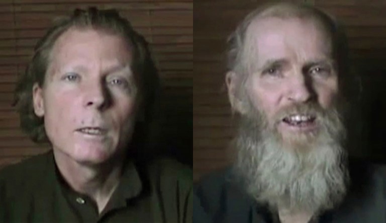 In this two photo combination image taken from video released Wednesday June 21, 2017, by the Taliban spokesman Zabihullah Mujahid, showing kidnapped teachers Australian Timothy Weeks, top, American Kevin King, who were both abducted by the insurgents in Afghanistan in August 2016. The two men were abducted outside the American University of Afghanistan in Kabul, where they work as teachers. In the video the two captives report the date as June 16, and say they are being treated well by the Taliban but that they remain prisoners and appeal to their governments to help set them free.