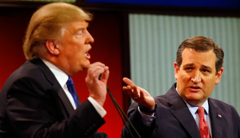 Republican presidential candidates, businessman Donald Trump and Sen. Ted Cruz, R-Texas, argue a point during a Republican presidential primary debate at Fox Theatre, Thursday, March 3, 2016, in Detroit.