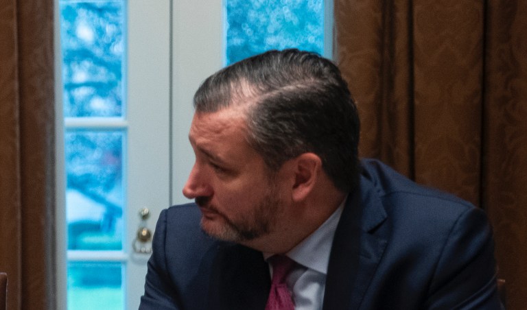 President Donald Trump, left, and Sen. Ted Cruz, R-Texas, listen as student Walter Blanks speaks during a roundtable on school choice in the Cabinet Room of the White House, Monday, Dec. 9, 2019, in Washington.