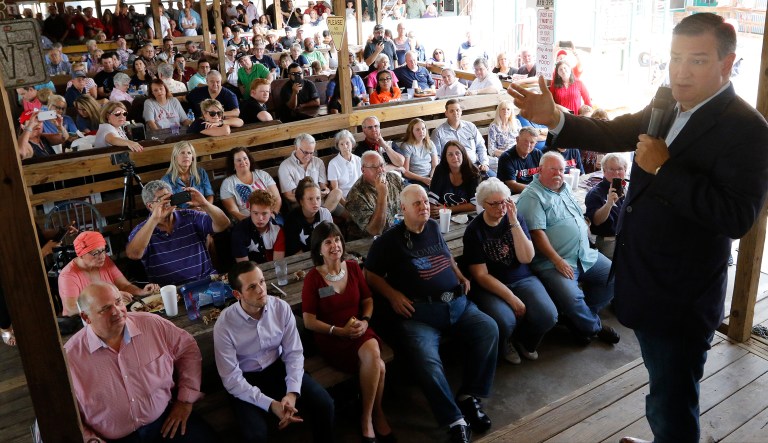 Sen. Ted Cruz talks with voters during a retail stop at Tin Roof BBQ in Humble Texas, on Saturday Sept. 8, 2018. Ted Cruz campaigned for Senate in Humble, Texas, Texas on Saturday.