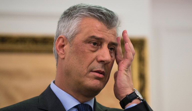In this Monday, Jan. 21, 2019 file photo, Kosovo president Hashim Thaci gestures during a press conference in Kosovo capital Pristina.