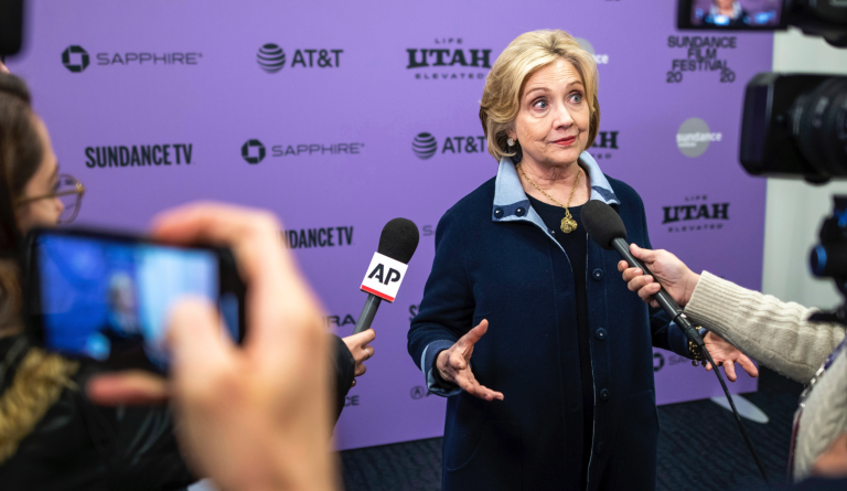 Hillary Clinton attends the premiere of "Hillary" at The Ray Theatre during the 2020 Sundance Film Festival on Saturday, Jan. 25, 2020, in Park City, Utah. (Photo by Charles Sykes/Invision/AP)