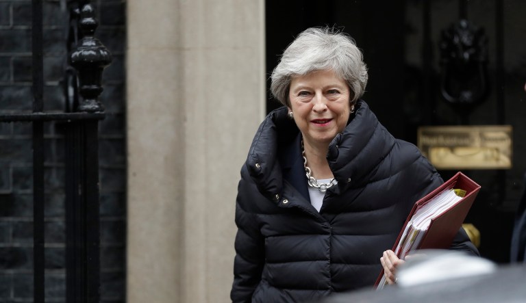 British Prime Minister Theresa May leaves 10 Downing Street in London, to attend Prime Minister's Questions at the Houses of Parliament, Wednesday, May 8, 2019. 