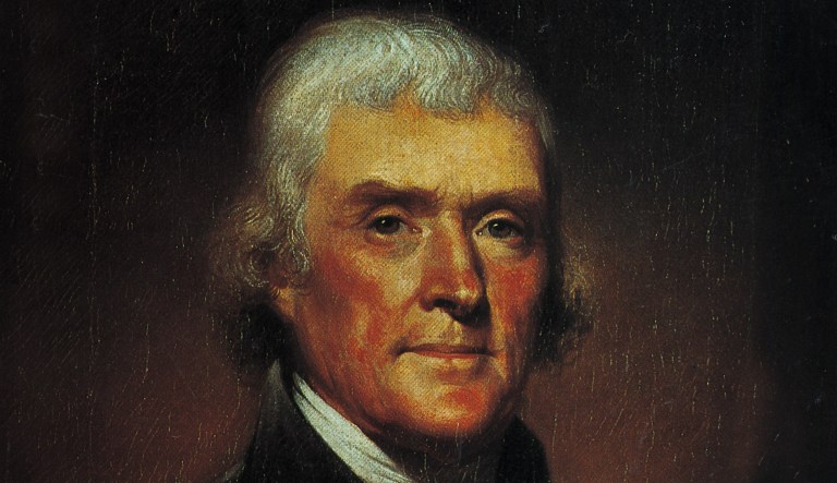 This is an undated photo of a 1800 portrait of Thomas Jefferson by artist Rembrandt Peale.