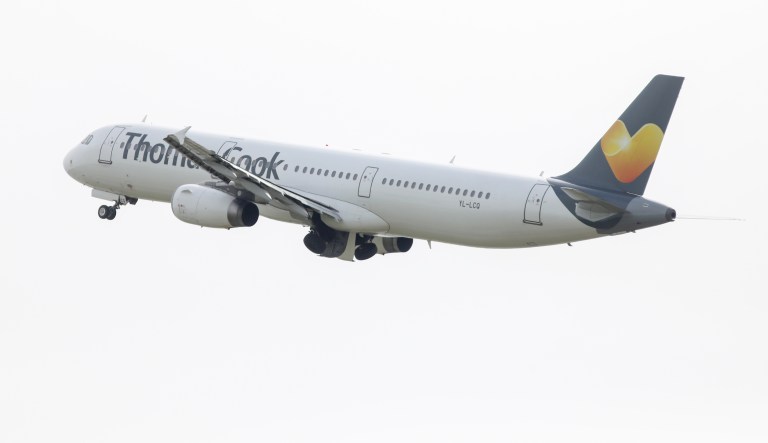An Airbus SE A321 passenger aircraft, operated by Thomas Cook Group Plc, takes off from Stansted airport in Stansted, U.K., on Tuesday, April 23, 2019. 