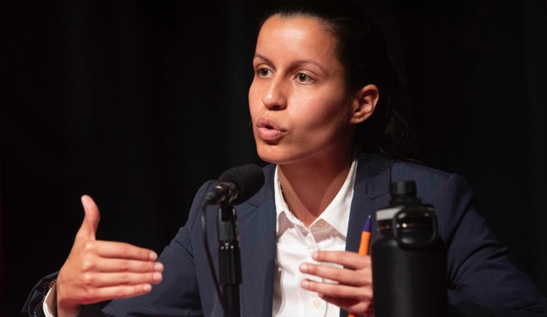 In this Thursday, June 13, 2019, photo public defender Tiffany Caban speaks during a Queens District Attorney candidates forum at St. John's University in New York.
