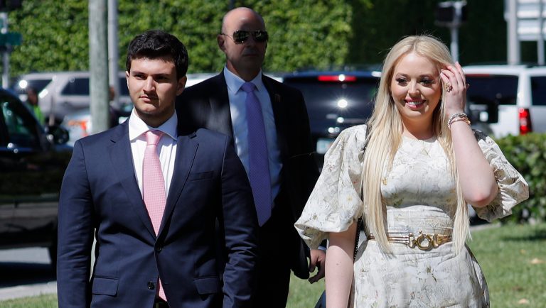 Tiffany Trump, right, the daughter of President Donald Trump, and her boyfriend Michael Boulos, left, arriving for Easter services at Episcopal Church of Bethesda-by-the-Sea, Sunday, April 21, 2019, in Palm Beach, Fla. 