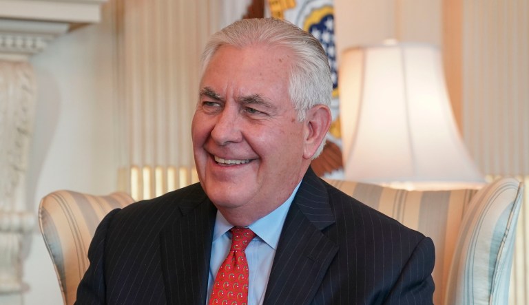 Secretary of State Rex Tillerson smiles during a interview with the Associated Press at the State Department in Washington, Friday, Jan. 5, 2018.