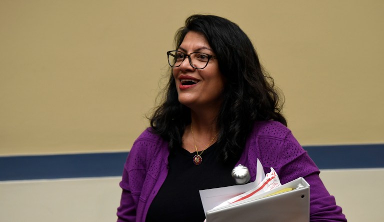 Rep. Rashida Tlaib, D-Mich., arrives at a House Oversight Committee hearing on Capitol Hill in Washington, Monday, July 15, 2019, on White House counselor Kellyanne Conway's violation of the Hatch Act.