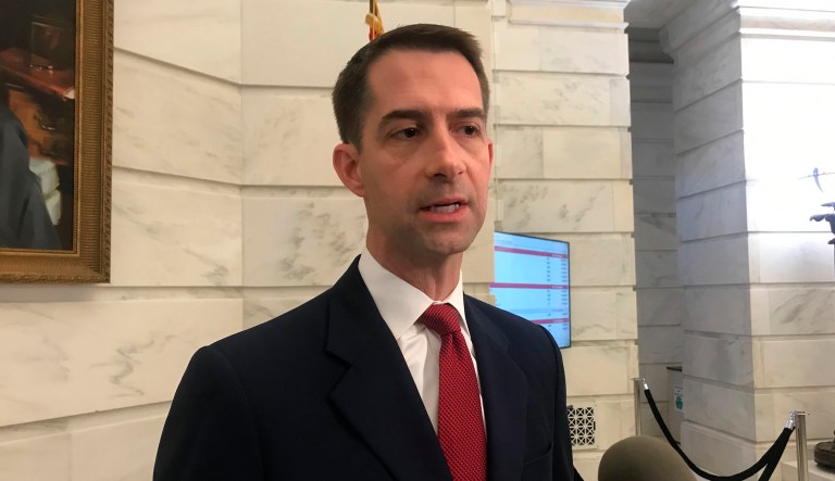 Republican U.S. Sen. Tom Cotton talks to reporters after filing for re-election at the Arkansas state Capitol in Little Rock, Arkansas on Monday, November 4, 2019. Cotton and Democratic challenger Josh Mahony were among dozens of people who made their candidacies official on the first day of filing for the 2020 election.