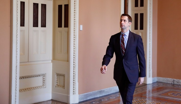 Sen. Tom Cotton, R-Ark., walks to the Senate floor, on Capitol Hill, Wednesday, Oct. 3, 2018 in Washington.