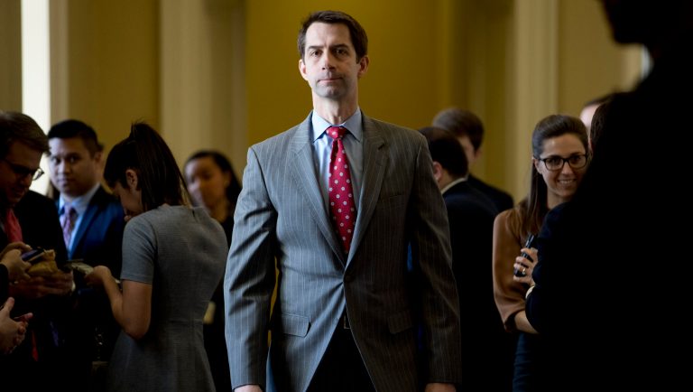 Sen. Tom Cotton, R-Ark., leaves a Senate policy luncheon on Capitol Hill in Washington, Tuesday, March 12, 2019. 