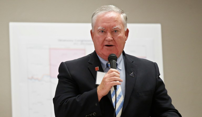 Tom Guild speaks during a forum for Oklahoma 5th congressional district seat Democratic candidates for the group Edmond Democratic Women in Edmond, Okla., Thursday, May 10, 2018.