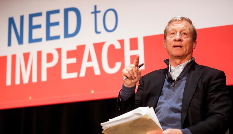 Political activist Tom Steyer speaks during the "Need to Impeach" town hall event at the Clifton Cultural Arts Center, Friday, March 16, 2018, in Cincinnati. Steyer, a billionaire activist also involved in environmental causes, founded the "Need to Impeach" petition campaign on claims that President Donald Trump meets the criteria for impeachment. The event kicks-off a national tour in an effort to generate support.