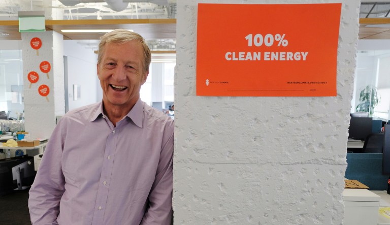 In this photo taken Wednesday, June 27, 2018, environmental activist & billionaire Tom Steyer poses at his offices in San Francisco. Arizonaâs largest utility is fiercely opposing a push to mandate increased use of renewable energy in the sun-drenched state, setting up a political fight over the measure funded by Steyer.